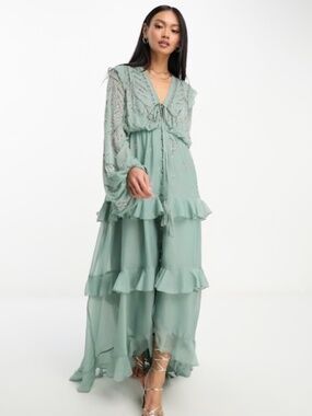 ASOS NWOT Soft Midi Button Front Dress with Trailing Embellishments Size 6